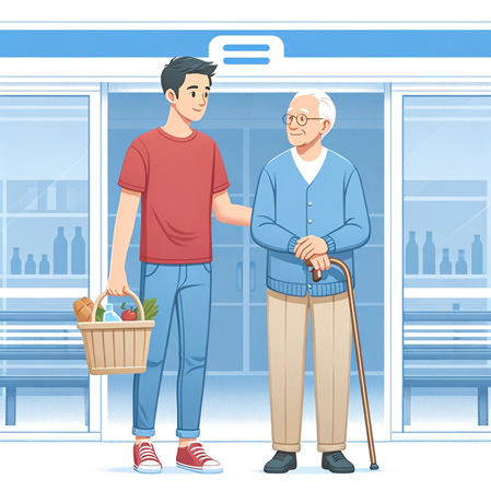 Junger Mann hilft einem älteren Mann beim Einkaufen